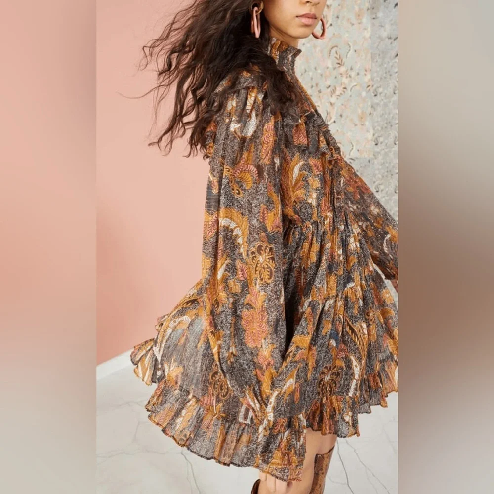 Ulla Johnson Vienne Bird of Paradise Mini Dress in Amber Size 2 Ruffle High Neck